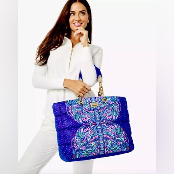 Lilly Pulitzer Baytown Puffer Tote Cabochon Purple Bonita Babe Engineered - Picture 2 of 5